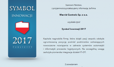 Tytuł Symbol Innowacji 2017 dla Merrid Controls !